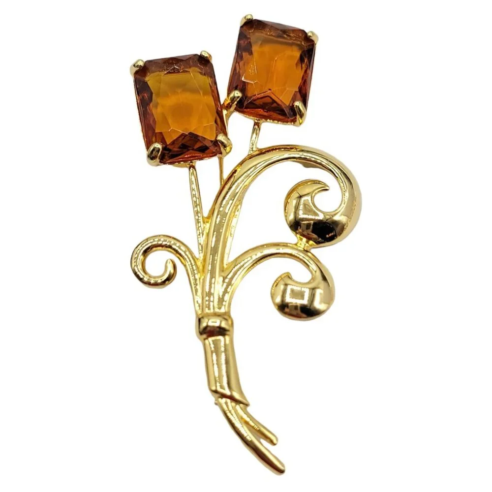 Nolan Miller Floral Topaz Faceted Glass Rhinestone Large Pin Brooch Signed